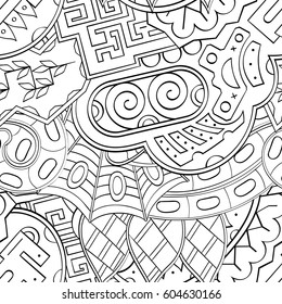 Tracery seamless calming pattern. Mehndi design. Ethnic monochrome binary doodle texture. Curved doodling black and white background. Vector.