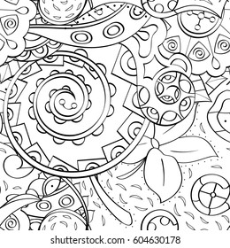 Tracery seamless calming pattern. Mehndi design. Ethnic monochrome binary doodle texture. Curved doodling black and white background. Vector.