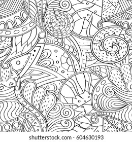 Tracery seamless calming pattern. Mehndi design. Ethnic monochrome binary doodle texture. Curved doodling black and white background. Vector.
