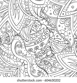 Tracery seamless calming pattern. Mehndi design. Ethnic monochrome binary doodle texture. Curved doodling black and white background. Vector.
