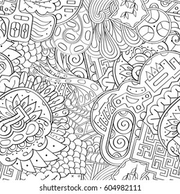 Tracery seamless calming pattern. Mehndi design. Ethnic monochrome binary doodle texture. Curved doodling black and white background. Vector.