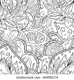 Tracery seamless calming pattern. Mehndi design. Ethnic monochrome binary doodle texture. Curved doodling black and white background. Vector.