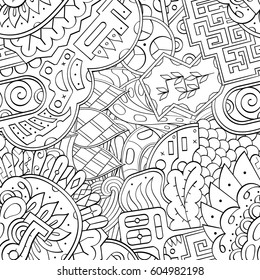 Tracery seamless calming pattern. Mehndi design. Ethnic monochrome binary doodle texture. Curved doodling black and white background. Vector.