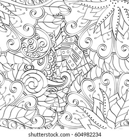 Tracery seamless calming pattern. Mehndi design. Ethnic monochrome binary doodle texture. Curved doodling black and white background. Vector.