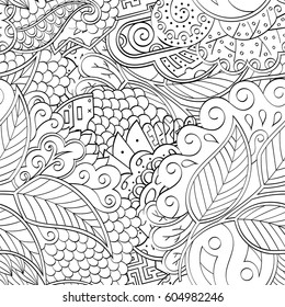 Tracery seamless calming pattern. Mehndi design. Ethnic monochrome binary doodle texture. Curved doodling black and white background. Vector.