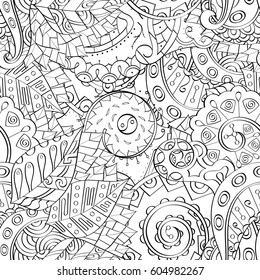 Tracery seamless calming pattern. Mehndi design. Ethnic monochrome binary doodle texture. Curved doodling black and white background. Vector.