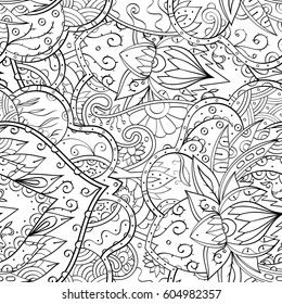 Tracery seamless calming pattern. Mehndi design. Ethnic monochrome binary doodle texture. Curved doodling black and white background. Vector.