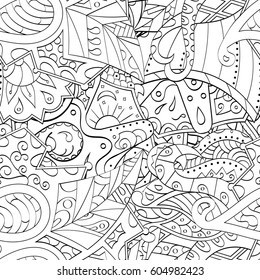 Tracery seamless calming pattern. Mehndi design. Ethnic monochrome binary doodle texture. Curved doodling black and white background. Vector.