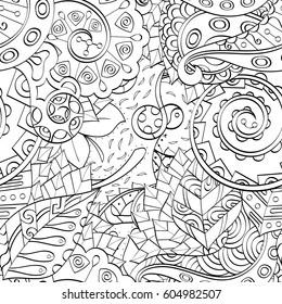 Tracery seamless calming pattern. Mehndi design. Ethnic monochrome binary doodle texture. Curved doodling black and white background. Vector.