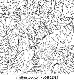 Tracery seamless calming pattern. Mehndi design. Ethnic monochrome binary doodle texture. Curved doodling black and white background. Vector.