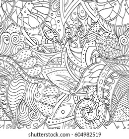 Tracery seamless calming pattern. Mehndi design. Ethnic monochrome binary doodle texture. Curved doodling black and white background. Vector.