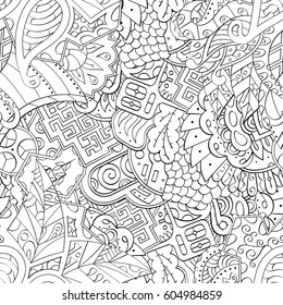 Tracery seamless calming pattern. Mehndi design. Ethnic monochrome binary doodle texture. Curved doodling black and white background. Vector.