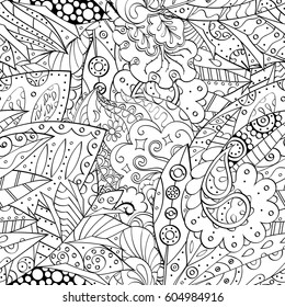 Tracery seamless calming pattern. Mehndi design. Ethnic monochrome binary doodle texture. Curved doodling black and white background. Vector.