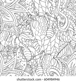 Tracery seamless calming pattern. Mehndi design. Ethnic monochrome binary doodle texture. Curved doodling black and white background. Vector.