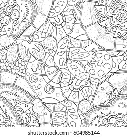 Tracery seamless calming pattern. Mehndi design. Ethnic monochrome binary doodle texture. Curved doodling black and white background. Vector.