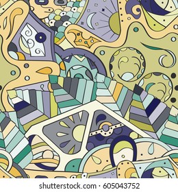 Tracery seamless calming pattern. Mehndi design. Ethnic colorful doodle texture. Curved doodling background. Vector.