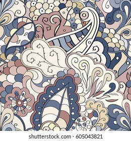 Tracery seamless calming pattern. Mehndi design. Ethnic colorful doodle texture. Curved doodling background. Vector.