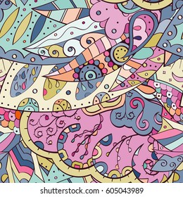 Tracery seamless calming pattern. Mehndi design. Ethnic colorful doodle texture. Curved doodling background. Vector.