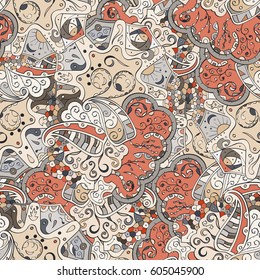Tracery seamless calming pattern. Mehndi design. Ethnic colorful doodle texture. Curved doodling background. Vector.