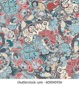 Tracery seamless calming pattern. Mehndi design. Ethnic colorful doodle texture. Curved doodling background. Vector.