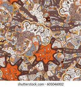 Tracery seamless calming pattern. Mehndi design. Ethnic colorful doodle texture. Curved doodling background. Vector.