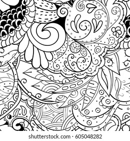 Tracery seamless calming pattern. Mehndi design. Ethnic monochrome binary doodle texture. Curved doodling black and white background. Vector.