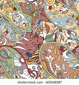 Tracery seamless calming pattern. Mehndi design. Ethnic colorful doodle texture. Curved doodling background. Vector.