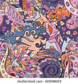 Tracery seamless calming pattern. Mehndi design. Ethnic colorful doodle texture. Curved doodling background. Vector.