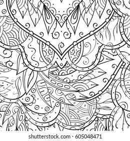 Tracery seamless calming pattern. Mehndi design. Ethnic monochrome binary doodle texture. Curved doodling black and white background. Vector.