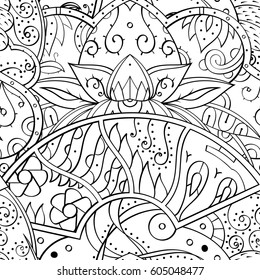 Tracery seamless calming pattern. Mehndi design. Ethnic monochrome binary doodle texture. Curved doodling black and white background. Vector.