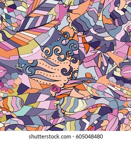 Tracery seamless calming pattern. Mehndi design. Ethnic colorful doodle texture. Curved doodling background. Vector.