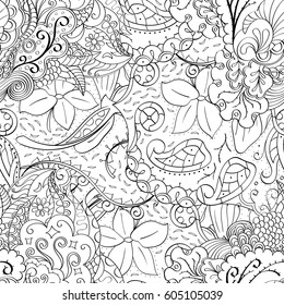 Tracery seamless calming pattern. Mehndi design. Ethnic monochrome binary doodle texture. Curved doodling black and white background. Vector.