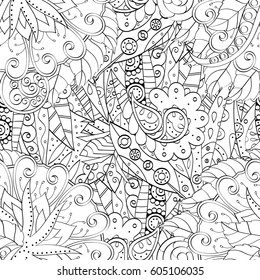 Tracery seamless calming pattern. Mehndi design. Ethnic monochrome binary doodle texture. Curved doodling black and white background. Vector.