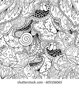 Tracery seamless calming pattern. Mehndi design. Ethnic monochrome binary doodle texture. Curved doodling black and white background. Vector.