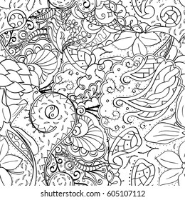 Tracery seamless calming pattern. Mehndi design. Ethnic monochrome binary doodle texture. Curved doodling black and white background. Vector.