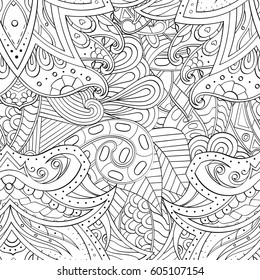 Tracery seamless calming pattern. Mehndi design. Ethnic monochrome binary doodle texture. Curved doodling black and white background. Vector.