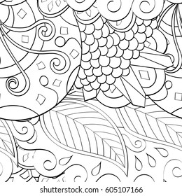 Tracery seamless calming pattern. Mehndi design. Ethnic monochrome binary doodle texture. Curved doodling black and white background. Vector.