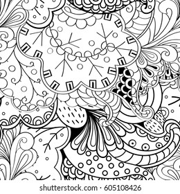 Tracery seamless calming pattern. Mehndi design. Ethnic monochrome binary doodle texture. Curved doodling black and white background. Vector.