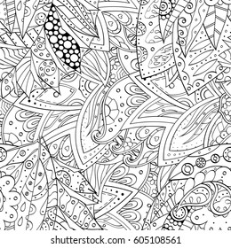 Tracery seamless calming pattern. Mehndi design. Ethnic monochrome binary doodle texture. Curved doodling black and white background. Vector.