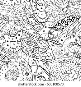 Tracery seamless calming pattern. Mehndi design. Ethnic monochrome binary doodle texture. Curved doodling black and white background. Vector.
