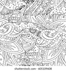 Tracery seamless calming pattern. Mehndi design. Ethnic monochrome binary doodle texture. Curved doodling black and white background. Vector.