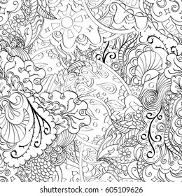 Tracery seamless calming pattern. Mehndi design. Ethnic monochrome binary doodle texture. Curved doodling black and white background. Vector.