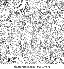 Tracery seamless calming pattern. Mehndi design. Ethnic monochrome binary doodle texture. Curved doodling black and white background. Vector.