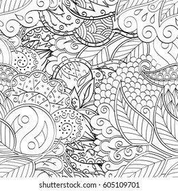 Tracery seamless calming pattern. Mehndi design. Ethnic monochrome binary doodle texture. Curved doodling black and white background. Vector.