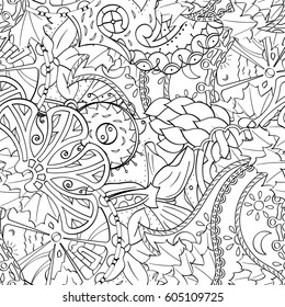 Tracery seamless calming pattern. Mehndi design. Ethnic monochrome binary doodle texture. Curved doodling black and white background. Vector.