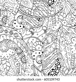 Tracery seamless calming pattern. Mehndi design. Ethnic monochrome binary doodle texture. Curved doodling black and white background. Vector.