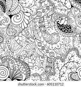 Tracery seamless calming pattern. Mehndi design. Ethnic monochrome binary doodle texture. Curved doodling black and white background. Vector.