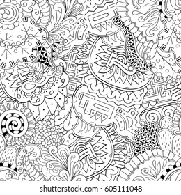 Tracery seamless calming pattern. Mehndi design. Ethnic monochrome binary doodle texture. Curved doodling black and white background. Vector.