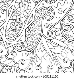Tracery seamless calming pattern. Mehndi design. Ethnic monochrome binary doodle texture. Curved doodling black and white background. Vector.