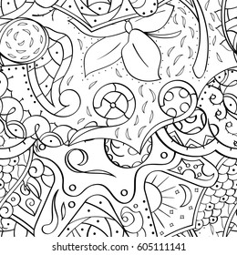 Tracery seamless calming pattern. Mehndi design. Ethnic monochrome binary doodle texture. Curved doodling black and white background. Vector.